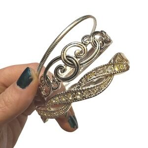 $3 BUNDLE ITEM 3pc Silver Tone Bangle Bracelet Set Rhinestone Stackable Jewelry